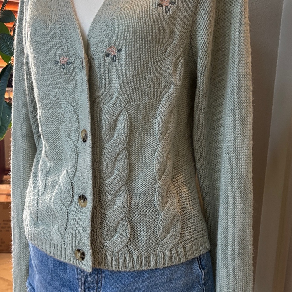Green Feminine Floral Vintage Inspired Knit Cardigan ✨ - Picture 3 of 10